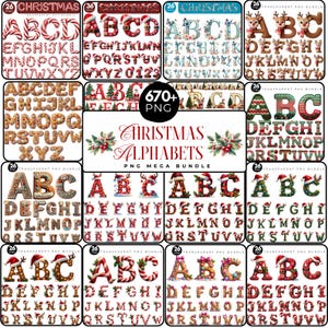 May include: A selection of Christmas alphabet PNG bundles. The letters are designed with festive themes, including candy canes, Santa hats, reindeer, and floral patterns. The image includes the text "Christmas Alphabets PNG Mega Bundle".