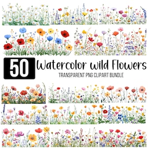 50 Wildflower Clipart Bundle, Watercolor Wildflower Png, Wildflower Meadow, Watercolor Flower, Scrapbook, Junk Journal, Digital Download