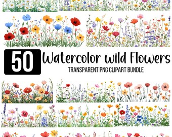 50 Wildflower Clipart Bundle, Watercolor Wildflower Png, Wildflower Meadow, Watercolor Flower, Scrapbook, Junk Journal, Digital Download