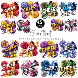 May include: A collection of colorful cheerleading-themed clipart images. Each design features a megaphone with the word "CHEER", pom-poms, and bows in various colors like red, purple, blue, and green. The text "Cheer Clipart" is also present.