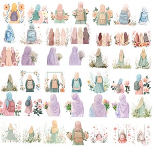 May include: Watercolor illustrations of women wearing hijabs and backpacks, surrounded by flowers. The images feature various color schemes, including pastel pinks, greens, and purples. Some figures are holding bouquets, while others are standing in fields of flowers.
