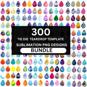 May include: A selection of 300 tie-dye teardrop templates in a variety of colours and patterns. The designs feature swirls, spirals, and other unique tie-dye effects. The image includes the text "300 TIE DIE TEARDROP TEMPLATE SUBMLIMATION PNG DESIGNS BUNDLE."