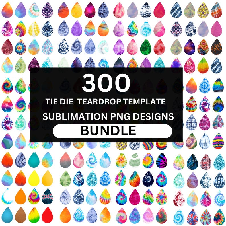 May include: A selection of 300 tie-dye teardrop templates in a variety of colours and patterns. The designs feature swirls, spirals, and other unique tie-dye effects. The image includes the text "300 TIE DIE TEARDROP TEMPLATE SUBMLIMATION PNG DESIGNS BUNDLE."