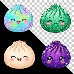 May include: Four round, pleated dumpling illustrations with smiling faces and rosy cheeks. One is iridescent blue and purple, one is glittery green, one is a plain beige, and one is a deep glittery purple with large, sparkling eyes.