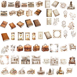 May include: A collection of watercolor illustrations featuring vintage books, typewriters, suitcases, hourglasses, dreamcatchers, teacups, and bookshelves. The illustrations are in shades of brown, beige, and white, and are perfect for adding a touch of vintage charm to any project.