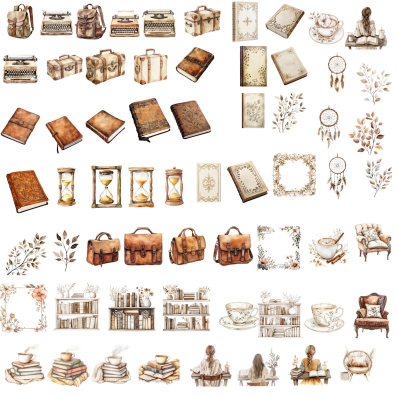 May include: A collection of watercolor illustrations featuring vintage books, typewriters, suitcases, hourglasses, dreamcatchers, teacups, and bookshelves. The illustrations are in shades of brown, beige, and white, and are perfect for adding a touch of vintage charm to any project.