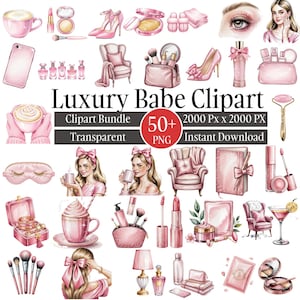 Könnte beinhalten: Eine Sammlung von pinkfarbenen Clipart-Elementen, darunter Make-up, Accessoires und Illustrationen von Frauen. Der Text "Luxury Babe Clipart" ist prominent dargestellt, zusammen mit Details zum Bundle, einschließlich "50+ PNG" und "Instant Download".