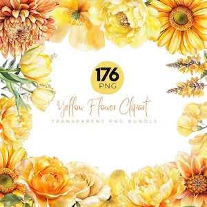 176 Yellow Floral Clipart Png Bundle, Watercolor Yellow Flowers Png, Wedding Flower Sublimation, Yellow Flower, Digital Download
