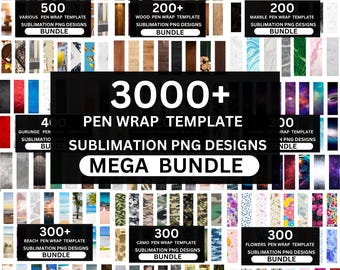 May include: A digital mega bundle of pen wrap templates and sublimation PNG designs. The image displays various themed bundles, including wood, marble, beach, camo, and floral designs. The text indicates over 3000+ pen wrap templates are included in the bundle.