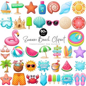 80+ Summer Beach Clipart PNG Bundle , Tropical Vacation Clip Art, Coastal Summer Graphics, Beach Elements Sublimation, Digital Download