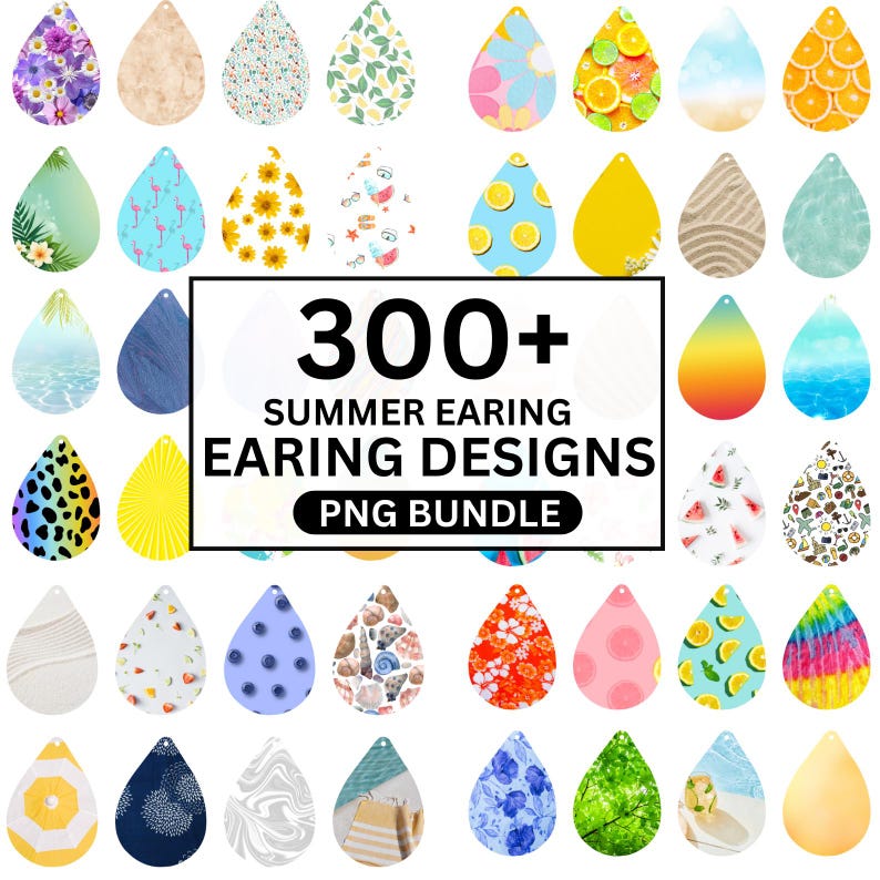 May include: A collection of over 300 summer earring designs in a PNG bundle. The earrings are teardrop-shaped with various patterns, including floral, fruit, and abstract designs. The image features a variety of colors, including blue, yellow, pink, and green.