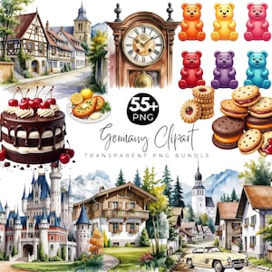 May include: A digital art bundle featuring German-themed clipart. Includes a chocolate cake with cherries, a grandfather clock, gummy bear candies, cookies, and watercolor illustrations of German architecture and landscapes. The text reads "55+ PNG Germany Clipart Transparent PNG Bundle."