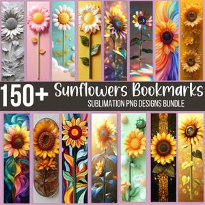 150+ zonnebloemen bladwijzers PNG, aquarel bloemen bladwijzerbundel, sublimatie bladwijzerontwerpen, zonnebloembladwijzers, digitale bladwijzers