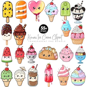 May include: A collection of colorful kawaii ice cream clipart. The image features various ice cream cones, popsicles, and sundaes with cute faces and details. The text "55+ PNG Kawaii Ice Cream Clipart Transparent PNG Bundle" is also included.
