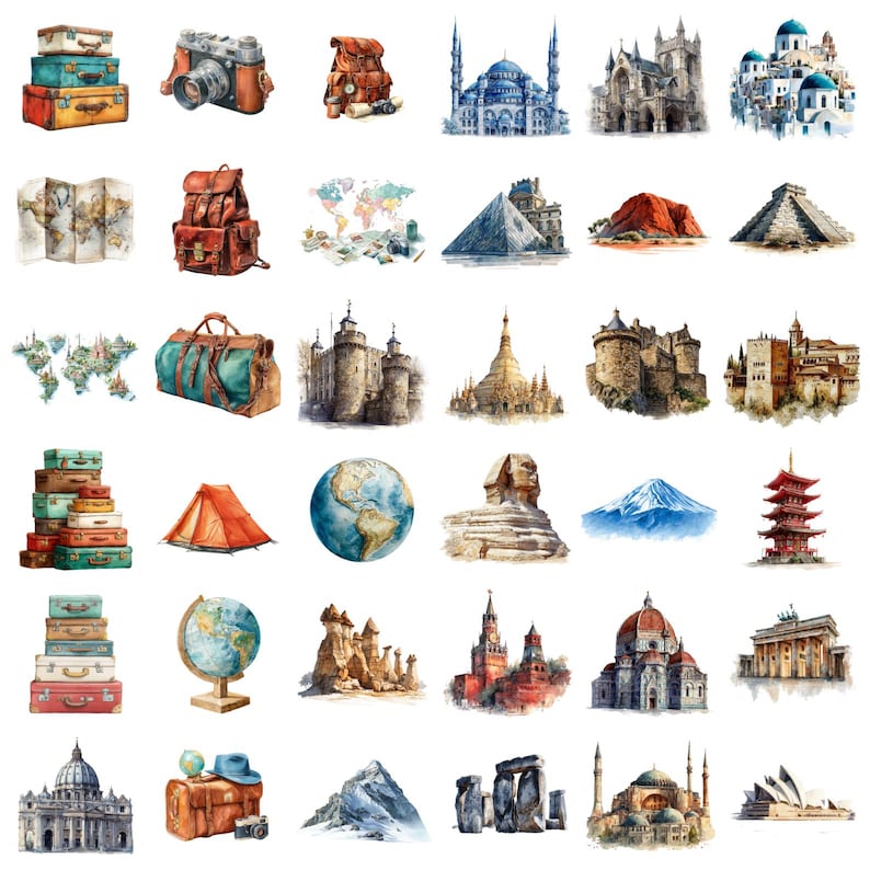 May include: Watercolor illustrations of travel-themed items and landmarks. The image includes stacks of vintage suitcases, a camera, a backpack, maps, a tent, a globe, and various architectural landmarks like a mosque, castle, and the Sphinx.
