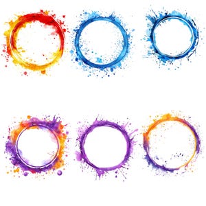 May include: Six watercolour circle designs with paint splatters. The colours include red, orange, blue, purple, and yellow. The circles are on a white background.