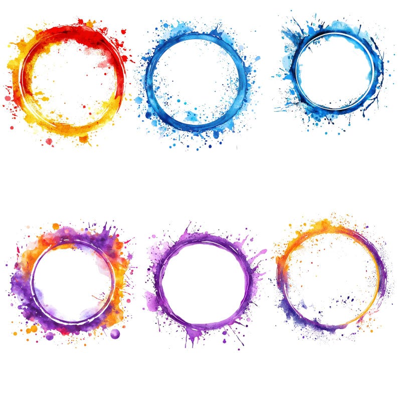 May include: Six watercolour circle designs with paint splatters. The colours include red, orange, blue, purple, and yellow. The circles are on a white background.