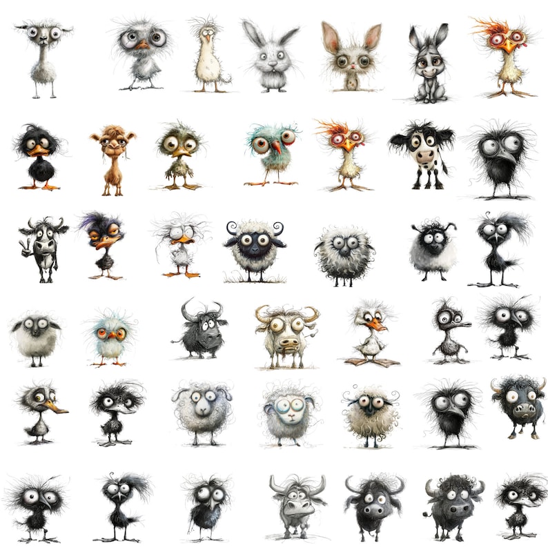 May include: A collection of 48 whimsical animal illustrations, featuring a variety of creatures like sheep, ducks, cows, and bunnies. Each animal is depicted with a unique and expressive personality, with exaggerated features and playful details. The illustrations are rendered in a cartoon style with a watercolor effect, creating a lighthearted and charming aesthetic.
