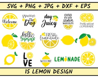 Paquete de 15 diseños de limones SVG, limonada SVG, Hola verano SVG, rebanada de limón SVG, rebanada de limón SVG Clipart Archivo Cricut