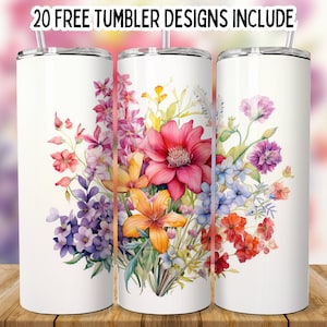 Envoltorios para vasos con flores silvestres, Envoltorio floral bohemio para vasos, Envoltorio delgado para sublimación de vasos de 20 oz con flores de campo, Envoltorio de flores rectas png
