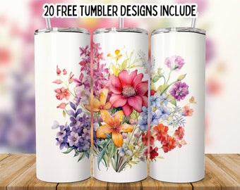 May include: Three white stainless steel tumblers with a floral design. The flowers are painted in shades of pink, red, orange, purple, and blue.