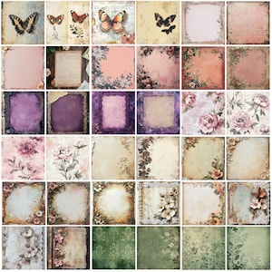 May include: A collection of 30 vintage-style scrapbook paper sheets. The designs include butterflies, floral patterns, lined pages, and textured backgrounds in various colors like pink, purple, and green. Each sheet has a distressed, aged appearance.