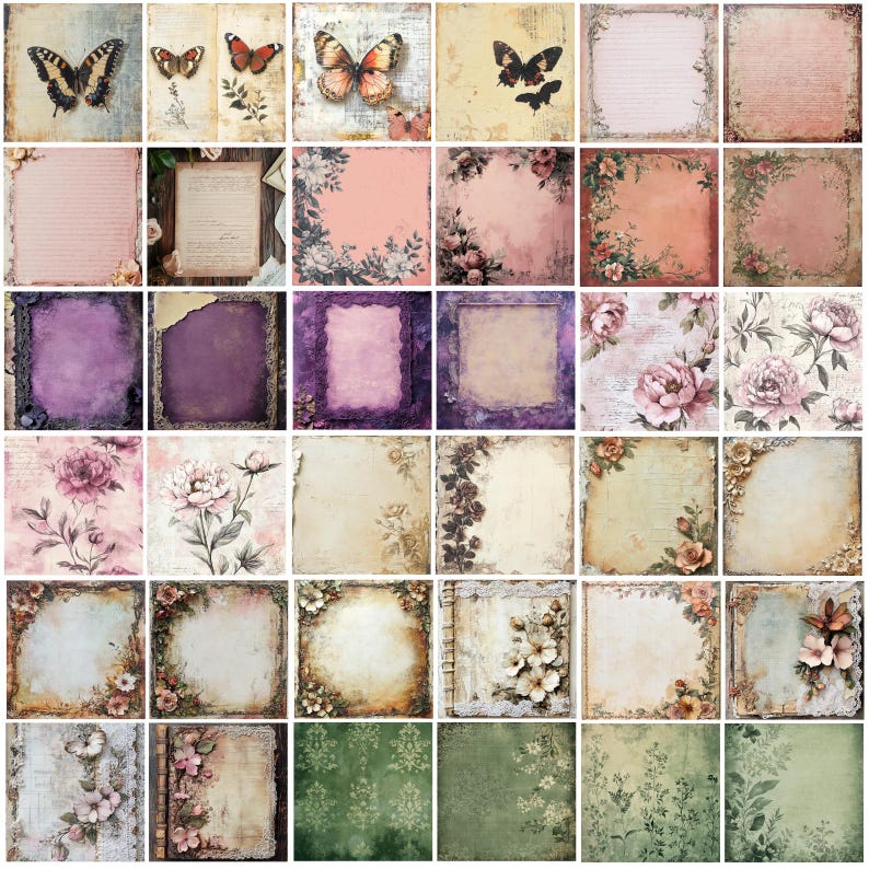 May include: A collection of 30 vintage-style scrapbook paper sheets. The designs include butterflies, floral patterns, lined pages, and textured backgrounds in various colors like pink, purple, and green. Each sheet has a distressed, aged appearance.