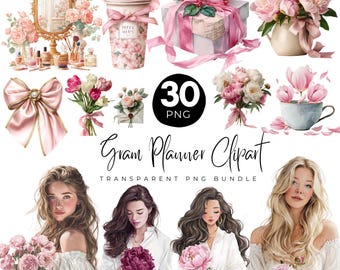 30 Watercolor Glam Planner clipart, Planner Woman Png Bundle, Planner black girl Png, Home Office Clipart, Pink Gold Planner Clipart