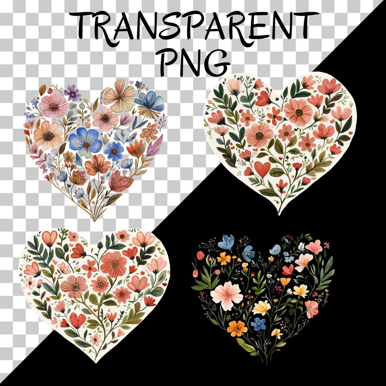 May include: Four heart-shaped floral designs. Each heart is filled with colorful flowers and greenery. The top of the image has the text "TRANSPARENT PNG" in black. The hearts are on a transparent and black background.