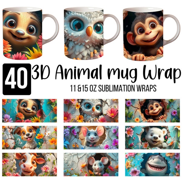 40 3D Animals Mug Wrap Bundle, 11oz & 15oz Coffee Cup Template, Cute Animal Mug Press Design, 3D Animal Hole In A Wall Mug Wrap