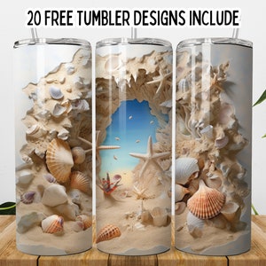 Beach Seamless Design, 3D Cracked Wall Beach Sea Shells 20oz Tumbler Wrap, Island Beach Straight Tumbler Wrap, Sublimation Design Png