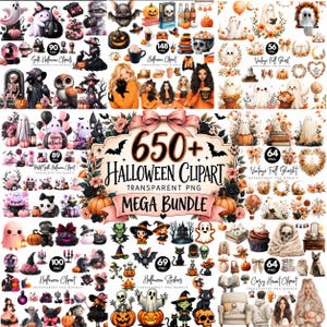 Könnte beinhalten: Eine digitale Sammlung von über 650 Halloween-Cliparts mit Geistern, Kürbissen, Totenköpfen, Fledermäusen, schwarzen Katzen, Hexen und herbstlichen Blumenarrangements sowie dem Text 650+ HALLOWEEN CLIPART MEGA BUNDLE in der Mitte.