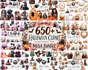 650+ Halloween Clipart Mega Bundle, Halloween Clipart Png, Glad Halloween-samling Clipart, Häxa, Spöke, Halloween Sublimeringsdesigner