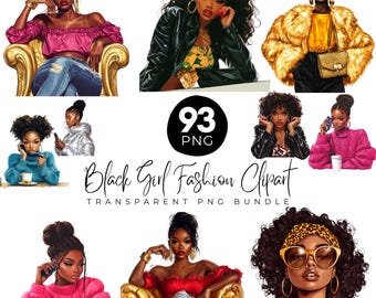 93 Black Girl Fashion Clipart bundle, African American Women PNGs, Afro Hairstyle Graphics, Trendy outfits, Transparent Background