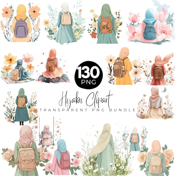 130 Hijabi Clipart Bundle, Hijab Back view, Muslimah Girl Png, Islamic Woman Png, Hijab Image, Watercolor Hijab Girl, Digital Download