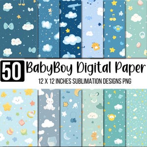 50 Baby Boy Digital Paper Bundle, Boho Nursery Watercolor Toys Pack, Seamless Pattern, Printable Scrapbooking Paper, Newborn background