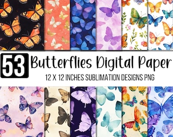 53 Butterflies Digital Paper Bundle, Seamless Butterfly Backgrounds, 12x12 Watercolor Texture, Printable Scrapbook and Craft PNG