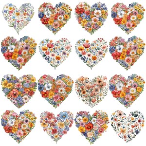 May include: A collection of sixteen heart-shaped floral arrangements. Each heart is composed of various colorful flowers, including red, yellow, blue, and white blooms, arranged to create a vibrant and artistic display. The overall theme is romantic and botanical.