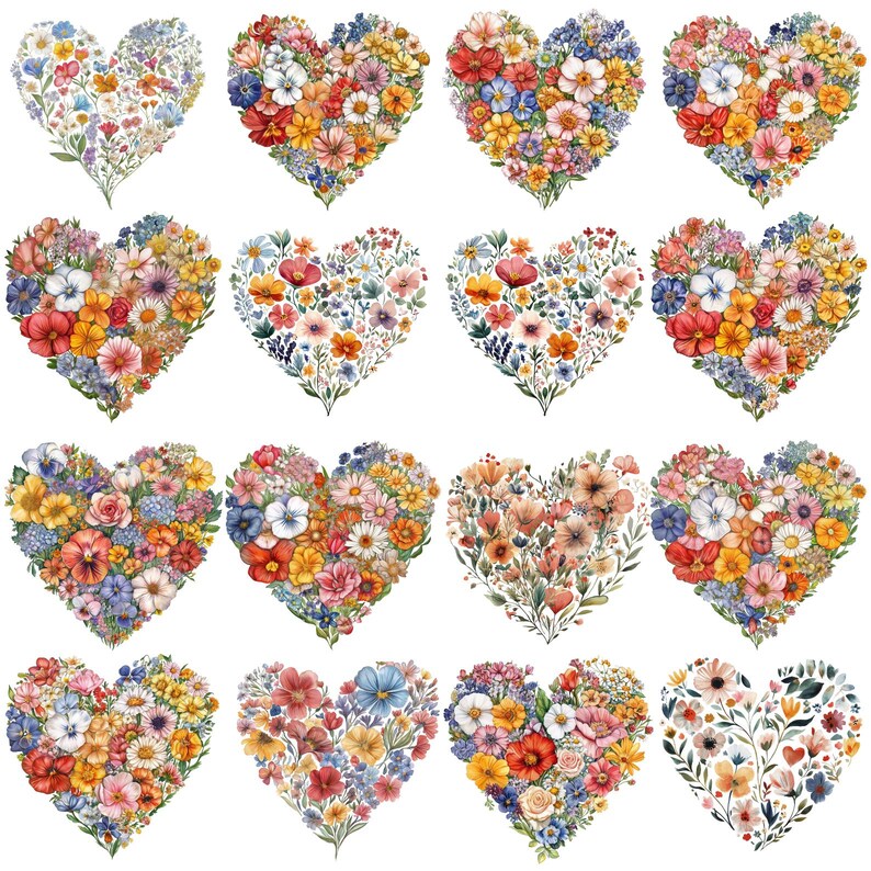 May include: A collection of sixteen heart-shaped floral arrangements. Each heart is composed of various colorful flowers, including red, yellow, blue, and white blooms, arranged to create a vibrant and artistic display. The overall theme is romantic and botanical.