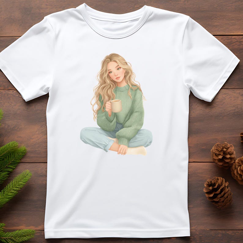 May include: White t-shirt featuring a seated illustration of a woman with long blonde hair, wearing a green sweater, blue pants, and holding a beige mug. The design is centered on the shirt.