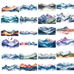 May include: A collection of 20 watercolour paintings depicting various mountain ranges with different colour palettes and styles. The mountains are rendered in a soft, dreamy style with a focus on the interplay of light and shadow.