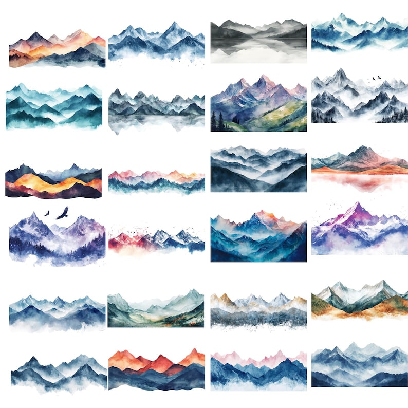 May include: A collection of 20 watercolour paintings depicting various mountain ranges with different colour palettes and styles. The mountains are rendered in a soft, dreamy style with a focus on the interplay of light and shadow.