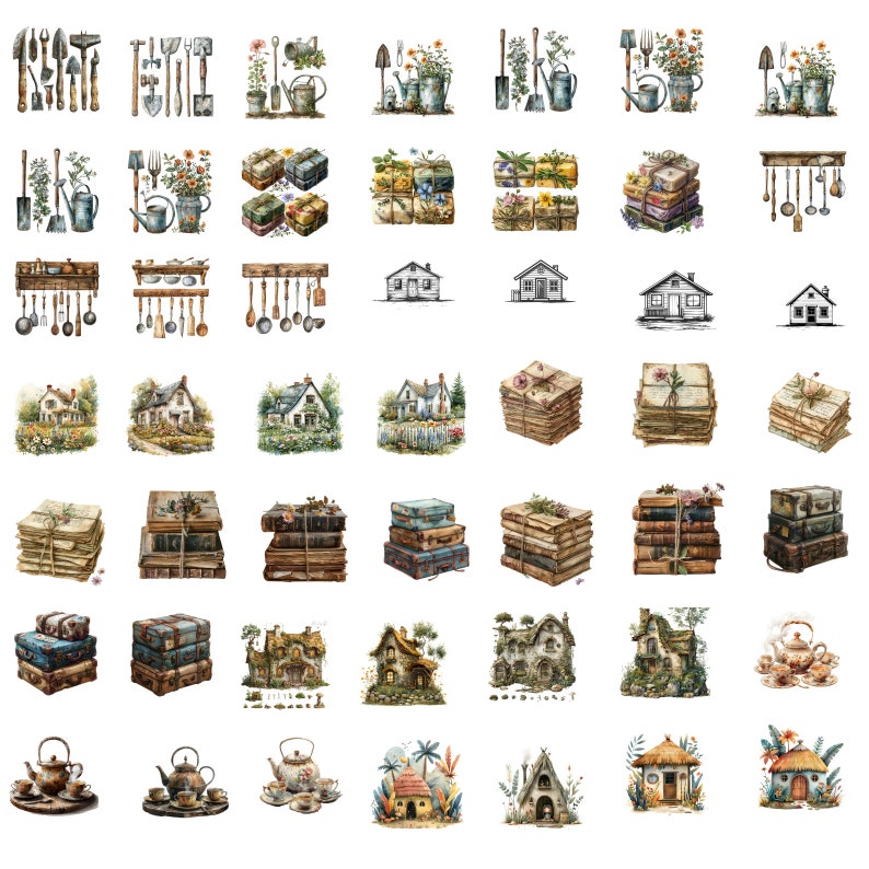 Peut inclure: Illustrations &agrave; l'aquarelle de divers objets, notamment des outils de jardinage, des piles de livres, des maisons et des services &agrave; th&eacute;. Les images pr&eacute;sentent une esth&eacute;tique vintage avec des couleurs douces et des d&eacute;tails d&eacute;licats.