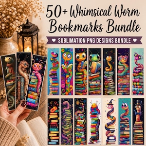 50+ Whimsical Worm Bookmarks Bundle, Printable Bookmarks PNG, Bookmark Sublimation, Quirky Bookish Gift, Kids Crafts