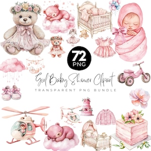 May include: A collection of watercolor illustrations featuring baby-themed items in shades of pink. Includes teddy bears, baby clothes, a crib, a baby wrapped in a blanket, a tricycle, a helicopter, a cake, and the text "Girl Baby Shower Clipart".