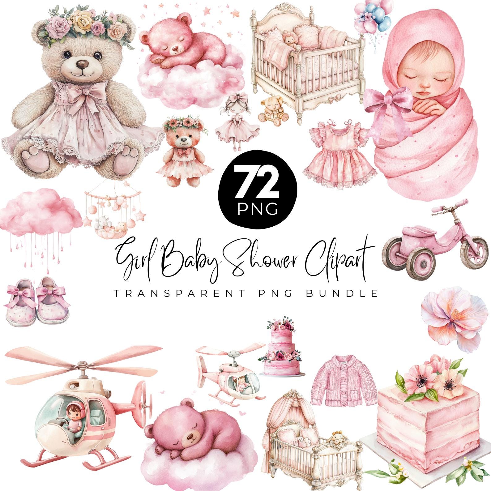 72 Girls Baby Shower PNG Clipart Bundle, Pink Watercolor Teddy Bear ...