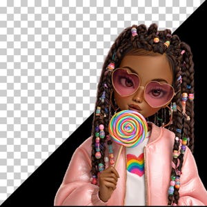 Peut inclure: Illustration num&eacute;rique d'une personne &agrave; la peau fonc&eacute;e, portant des lunettes de soleil roses en forme de c&oelig;ur et une veste rose. Elle tient une sucette color&eacute;e. Ses cheveux sont tress&eacute;s avec des perles et des accessoires color&eacute;s. La personne porte un t-shirt blanc avec un c&oelig;ur arc-en-ciel.