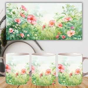 Peut inclure: Trois tasses en c&eacute;ramique blanche avec un motif aquarelle de fleurs roses et de feuilles vertes. Le motif est r&eacute;p&eacute;t&eacute; sur chaque tasse.