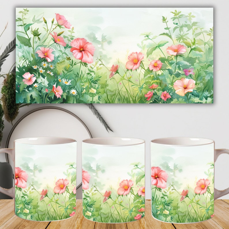Peut inclure: Trois tasses en c&eacute;ramique blanche avec un motif aquarelle de fleurs roses et de feuilles vertes. Le motif est r&eacute;p&eacute;t&eacute; sur chaque tasse.