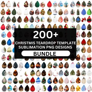 May include: A bundle of over 200 Christmas teardrop template sublimation PNG designs. The teardrop shapes display festive scenes, including Christmas trees, winter landscapes, and holiday ornaments. The designs are in a variety of colours and styles.
